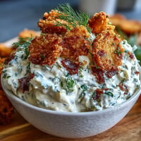 Creamy fried pickle dip with golden brown garnishes, ready for guests.