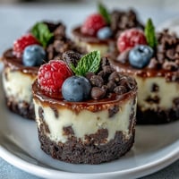 Mini cheesecake bites featuring dark Oreo crust, ready for an indulgent dessert.