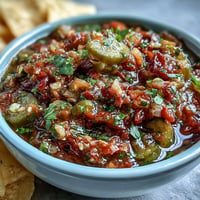 Colorful pickle de gallo salsa with fresh tomatoes and lime, perfect for dipping.